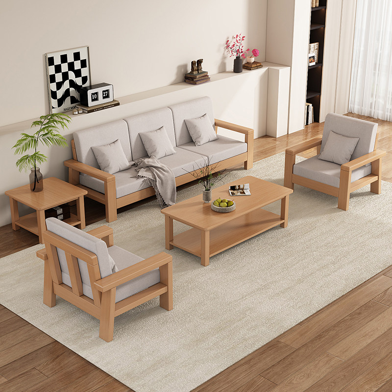 新中式家用全实木沙发小户型客厅经济型坐垫靠枕一体单人直排沙发