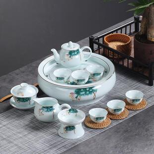 带托盘欧式 影青彩荷茶具套装 陶瓷描金轻奢冲泡茶功夫茶具家用简约