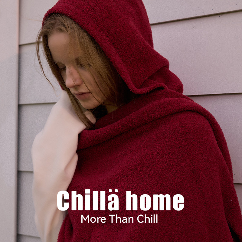 Chilla home 半边绒流苏围巾保暖百搭简约时尚纯色红色连帽大披肩