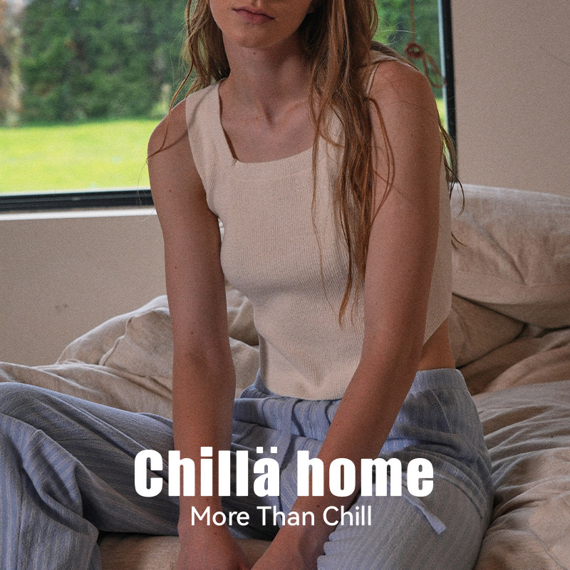 Chilla home 睫毛纱背心女无袖内搭方领吊带简约裸感睡衣冬打底衫