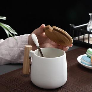 新款 制l 直销直销木柄简约情侣款 杯子陶瓷杯咖啡杯马克杯带盖勺定