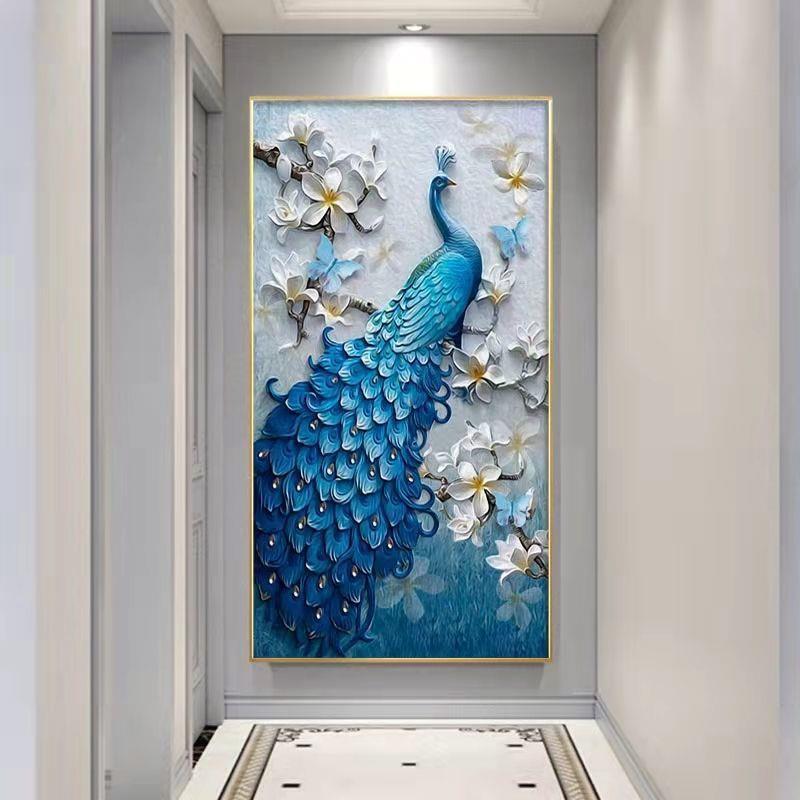新款直销孔雀玄关画入户装饰画晶瓷镶钻走廊过道挂画寓意好壁画背图片