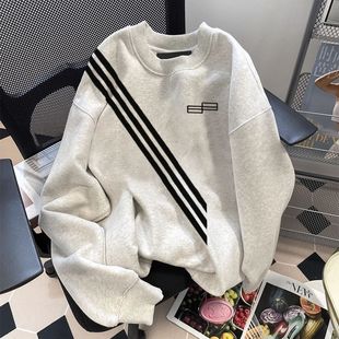 高级感圆领上衣 街头小众三条杠印花卫衣男女2025秋冬新款 美式 个性