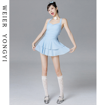 泳衣女时尚连体裙式微胖遮肉收腰显瘦露背交叉绑带绝美泡温泉泳装