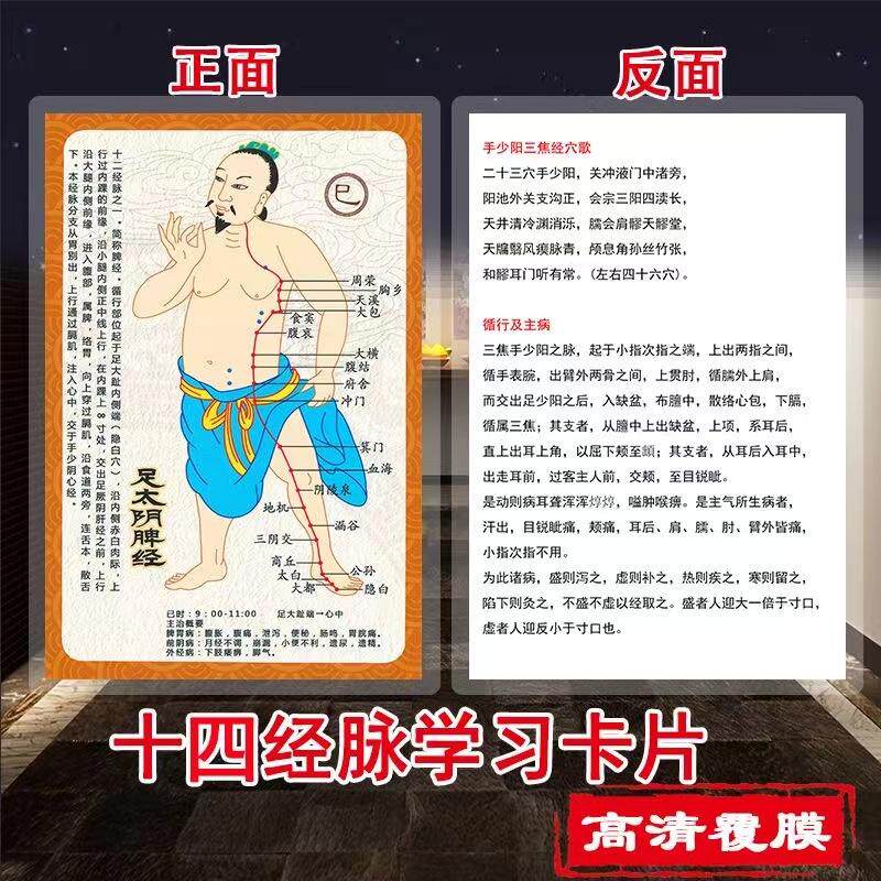 古风十四经络卡片11*16cm学习卡中医14经络穴位详细循环分布图卡