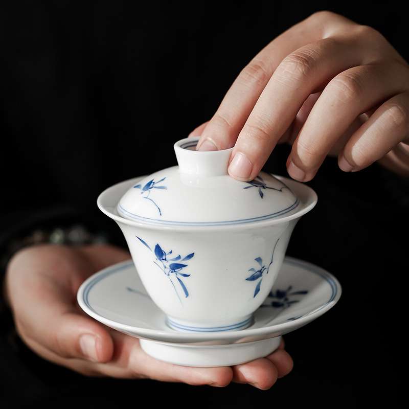 手绘蝴蝶兰逸雅三才盖碗小号陶瓷不烫手茶具泡茶器单个茶碗茶杯