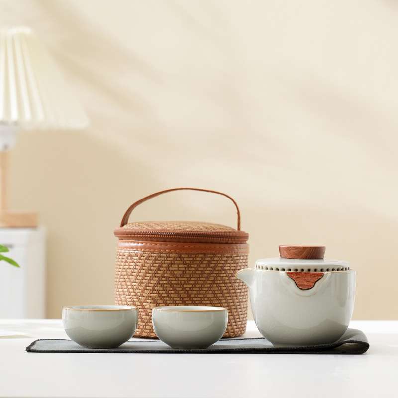 简易功夫泡茶壶茶杯户外露营快客杯米黄汝窑便携式旅行茶具小套装