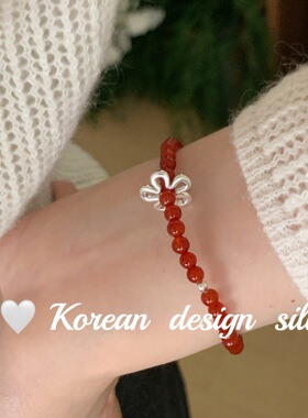 「银花红珠」韩国ins风简约S925纯银镂空花花红玛瑙弹力绳手链