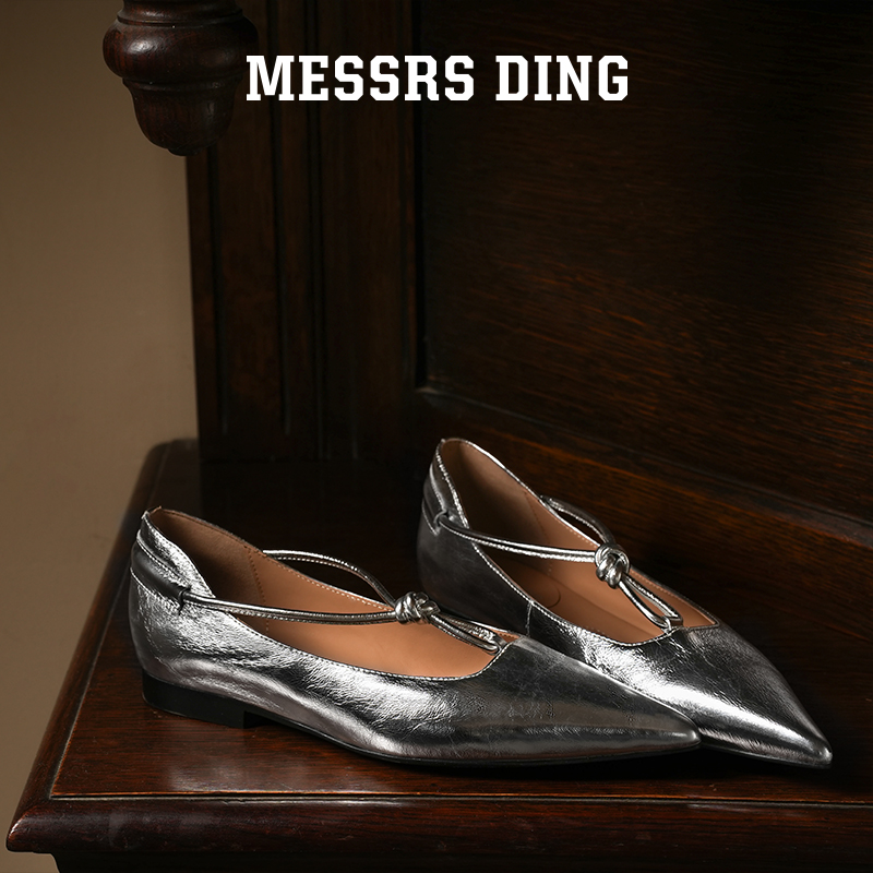 MD女鞋镜花浅口单鞋尖头绳结平底