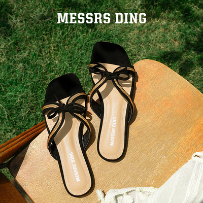 MD女鞋黑色反绒细带露趾一字拖