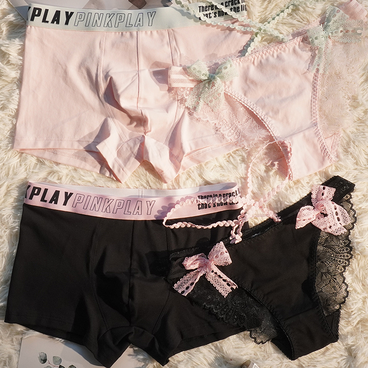 情侣内裤纯棉一男一女黑粉蝴蝶细带性感纯欲可爱夫妻蕾丝内衣套装