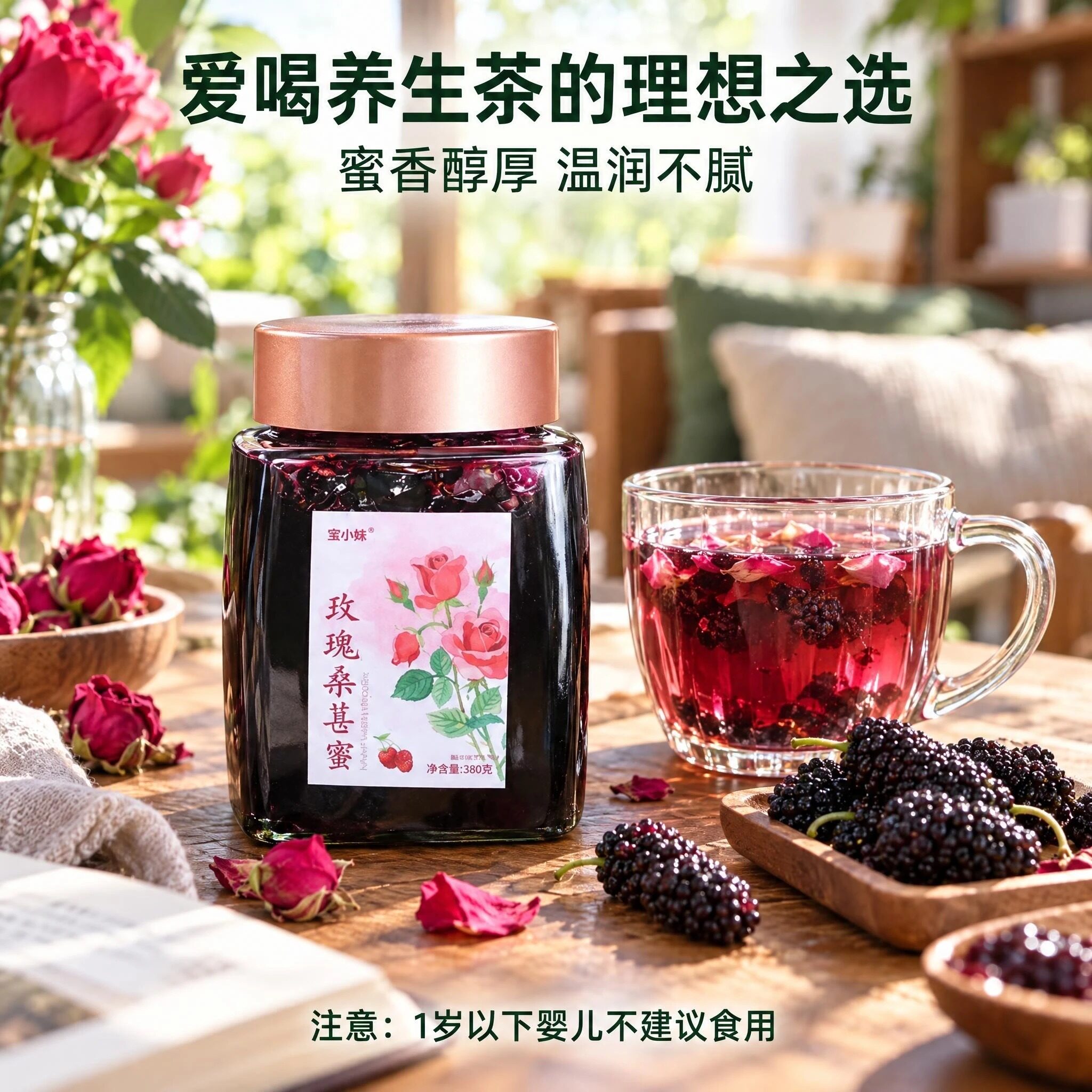 新鲜墨红玫瑰+桑葚干+野生悬崖蜜