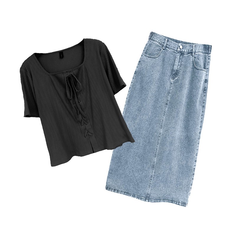 女装2024新款套装夏季大码胖mm200斤短款针织上衣牛仔半身长裙子