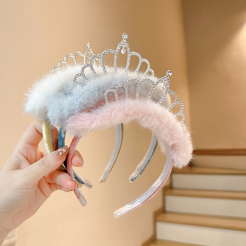 韩国新款气质皇冠水钻发箍秋冬毛绒绒可爱卡通洗脸头箍小公主发卡