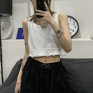 挖肩工字白色背心女夏外穿爵士甜辣jazz无袖破洞宽松露脐短款上衣