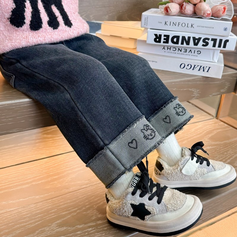 女童牛仔裤秋冬款2024新款儿童加厚猫咪女宝宝加绒阔腿直筒裤冬季