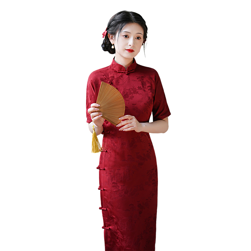 红色新中式古法全开襟旗袍一片式无省民国少女年轻气质传统大学生