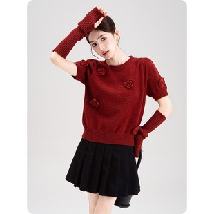 安可拉红毛衣立体玫瑰花朵针织衫女秋冬2024新款可拆袖打底衫上衣