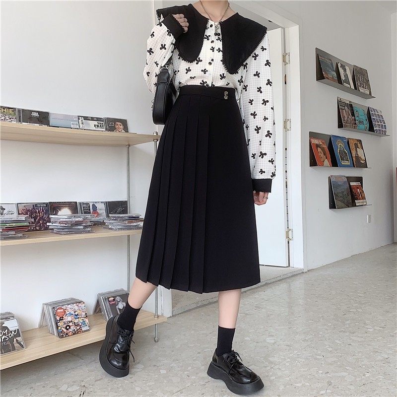 黑色灰色百褶裙中长裙大码遮胯显瘦高腰半身裙秋季褶皱西装a字裙