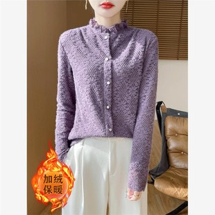 加绒半高花边领长袖套头衬衫女装秋冬蕾丝西装内搭叠穿打底衫上衣