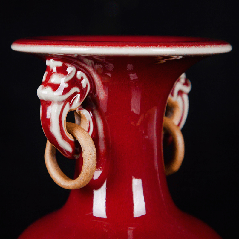 景德镇陶瓷器 仿古钧瓷郎红双耳小花瓶 客厅中式博古架工艺品摆件