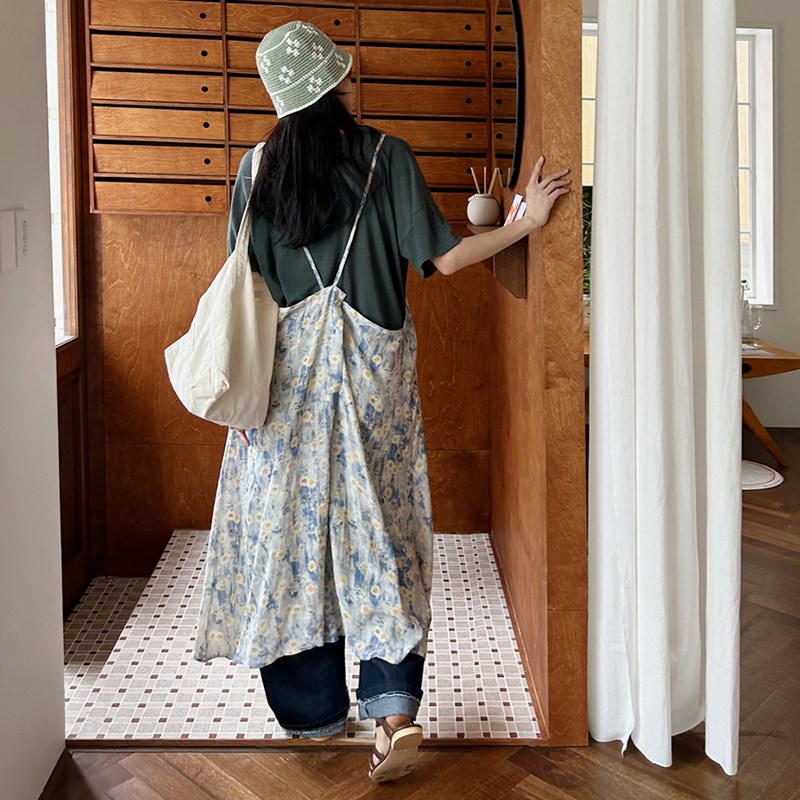 连衣裙女2024新款夏季迷人水彩花色舒适叠穿无袖背带吊带裙长裙子