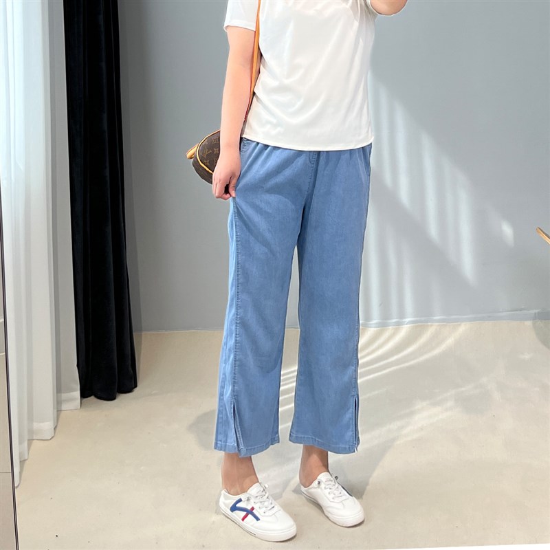 胖mm天丝开叉牛仔裤夏季新款大码女装高腰九分裤显瘦松紧腰喇叭裤