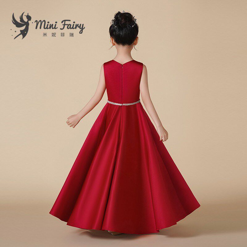 女童钢琴演出服儿童艺考小提琴比赛表演服红色气质长裙生日晚礼服