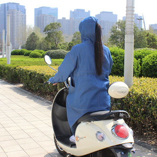 电动摩托车防晒衣服全身长款牛仔连帽遮脸手套款宽松大码男女夏季