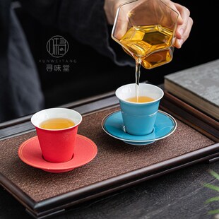 描金福禄品茗杯 杯托家用陶瓷功夫茶具 杯垫 孔雀蓝磨砂红小茶杯