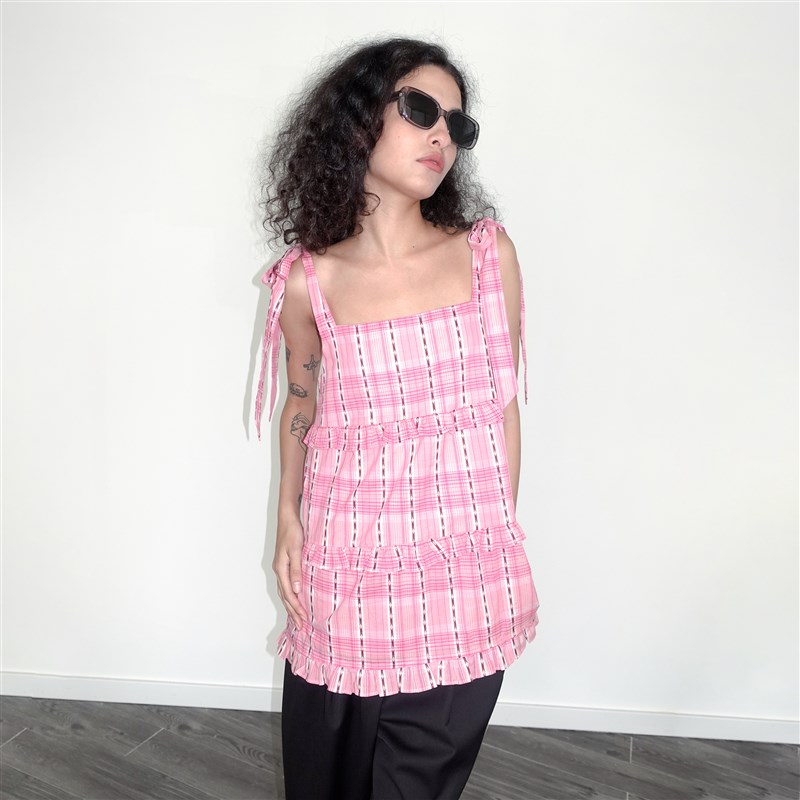 CUBIC气质设计感系带荷叶边条纹吊带背心纯棉亲肤可调节肩带上衣