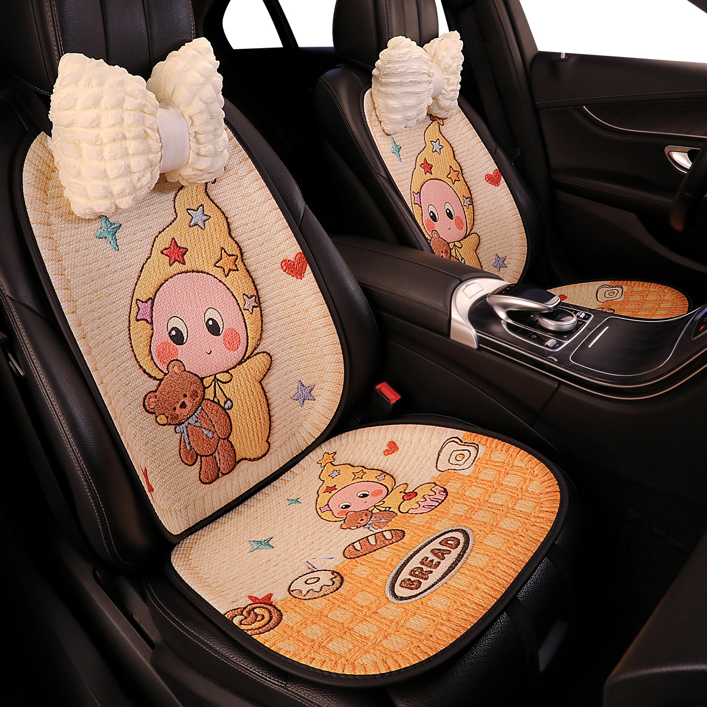 可爱星星人汽车坐垫夏季透气亚麻座垫车内座椅套防滑座套四季通用