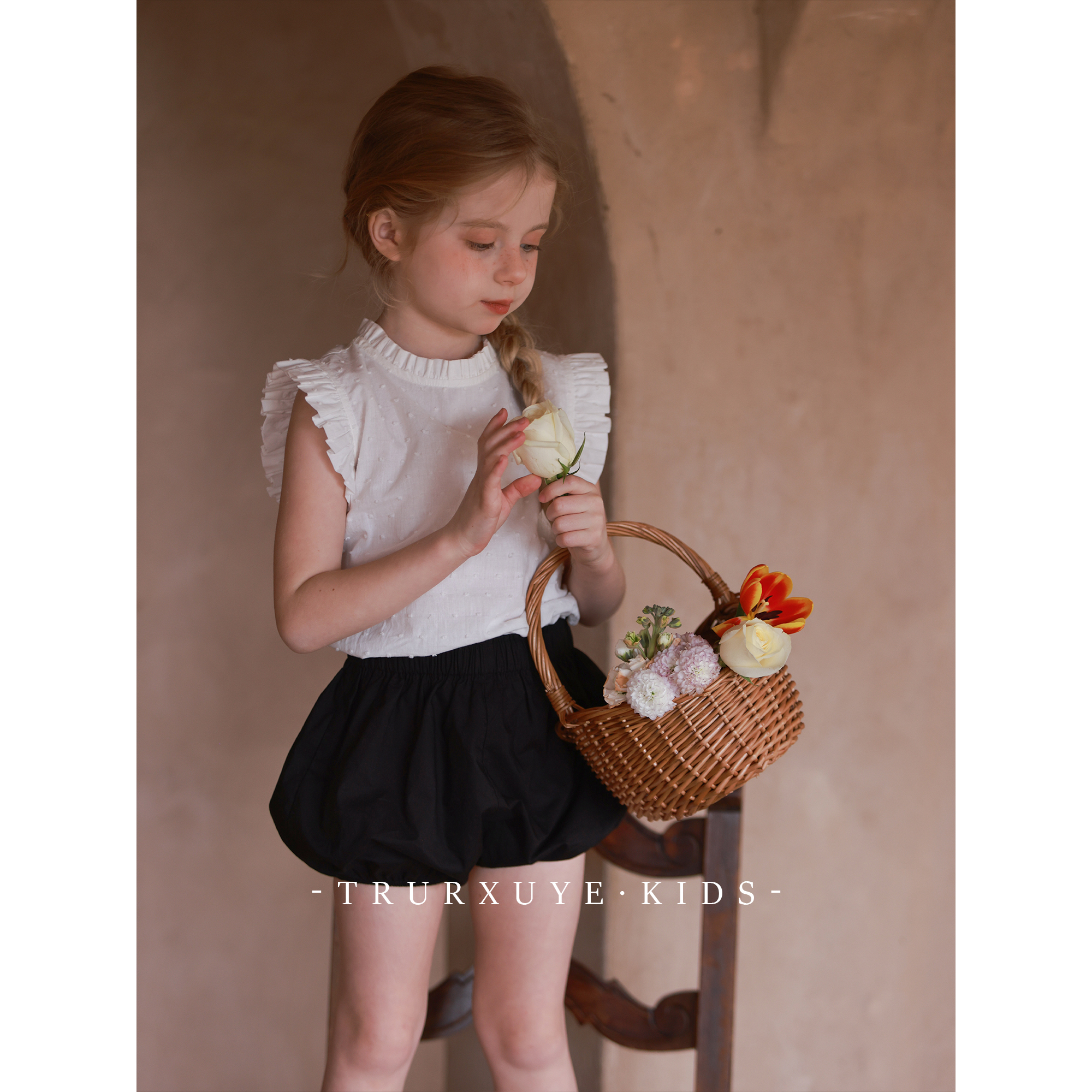 【初煦高端童装】夏季女童法式蕾丝花边衬衫纯棉短袖 百搭花苞裤