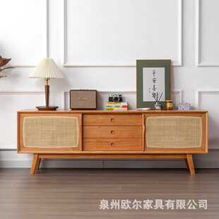 北欧实木电视柜家用靠墙多功能藤编储物柜客厅简约中古收纳视听柜