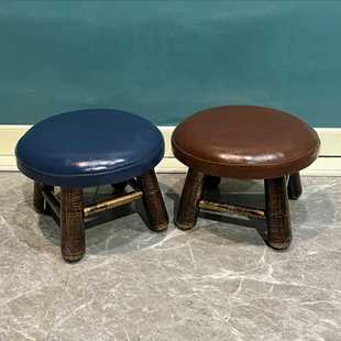 W8简约现代圆凳子原纯实木儿童家用客厅宝宝椅可爱软面皮革矮小板