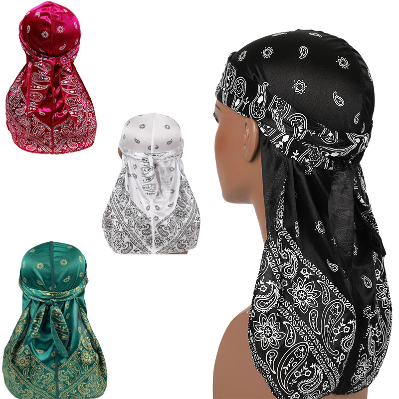 亚马逊爆款变形虫仿真丝长尾海盗帽腰果花加厚嘻哈头巾帽DURAG