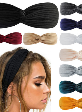 欧美亚马逊松紧交叉发带纯色针织棉麂皮绒头带女士发饰发圈头饰