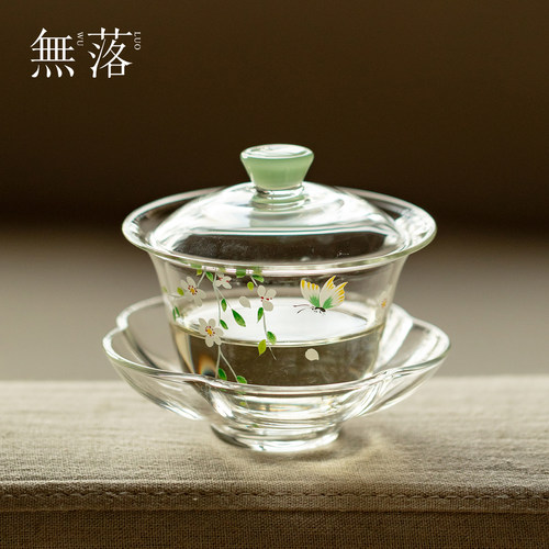 无落高档耐热玻璃盖碗单个功夫茶具防烫不烫手家用三才盖碗泡茶器