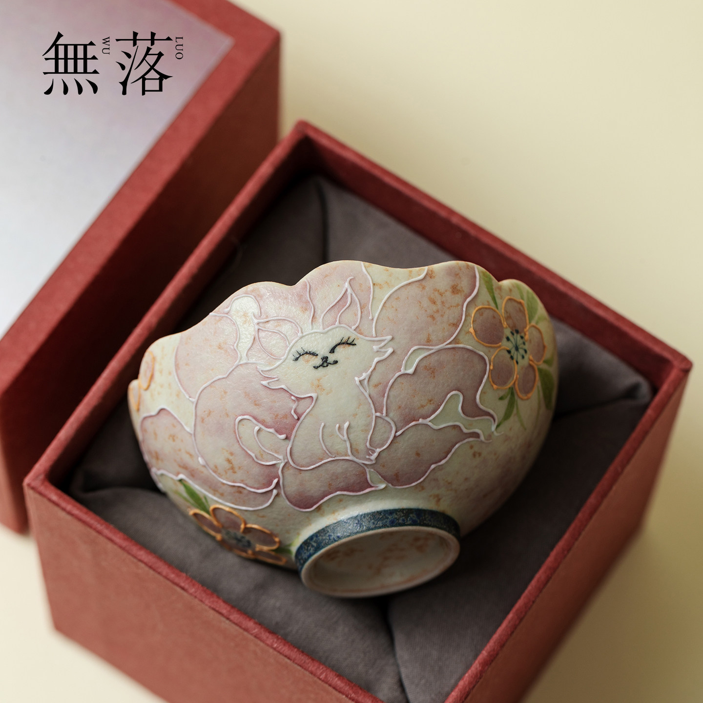 无落纯手绘火石红九尾仙狐泡茶杯高颜值品茗杯中式陶瓷茶具主人杯