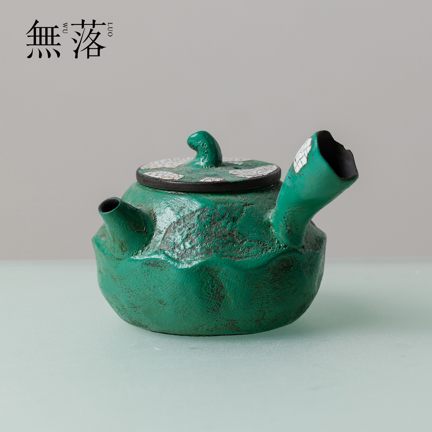 无落植物大漆石绿拓片侧把壶做旧创意手工泡茶壶家用粗陶复古单壶