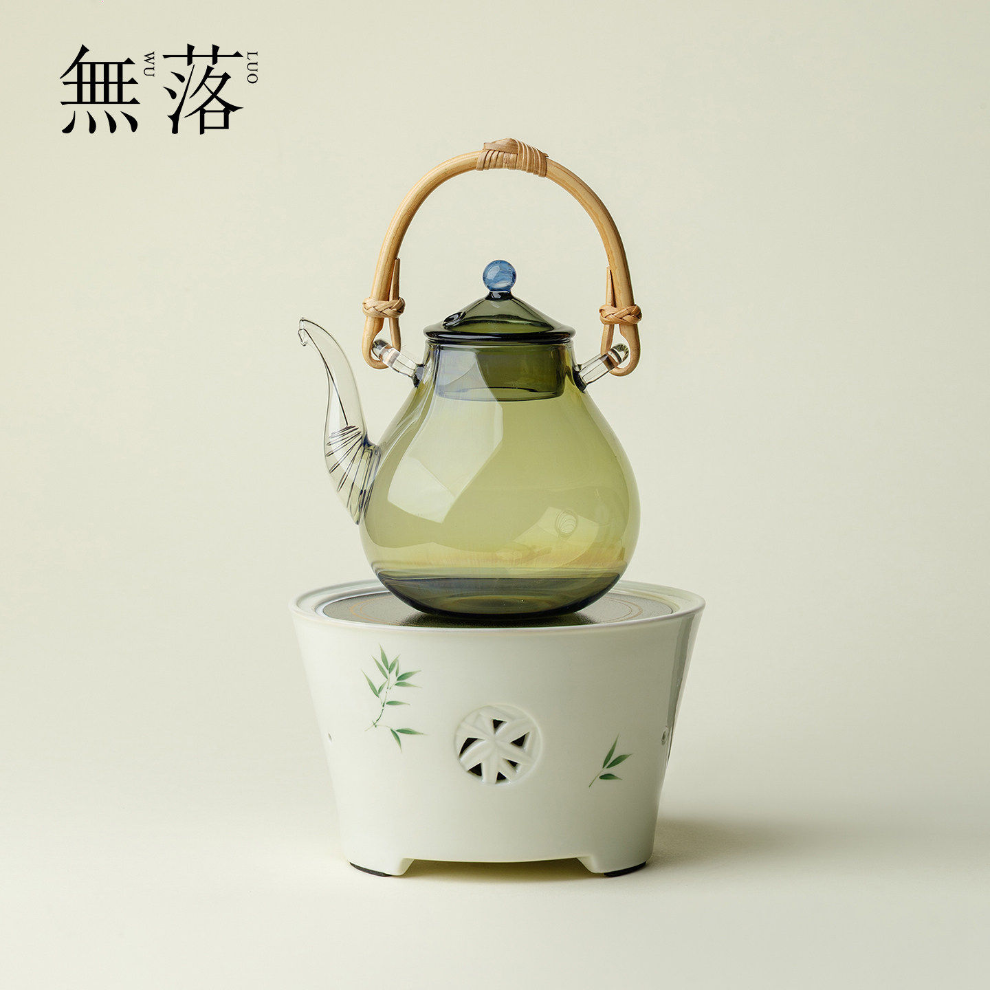 无落玻璃煮茶壶电陶炉套装高颜值全手工提梁壶青竹底座家用烧水壶