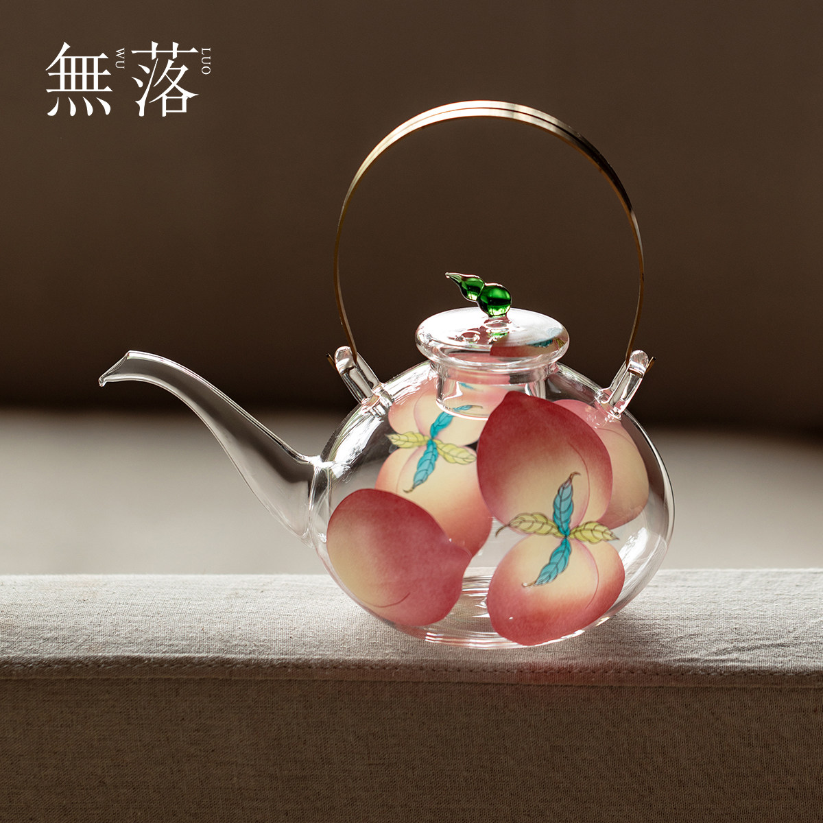 无落粉彩春桃玻璃提梁煮茶壶原创手工透明高颜值耐热高硼硅烧水壶