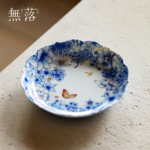 无落 高颜值青花蝶恋花壶承高端描金干泡盘家用功夫茶具茶壶托盘
