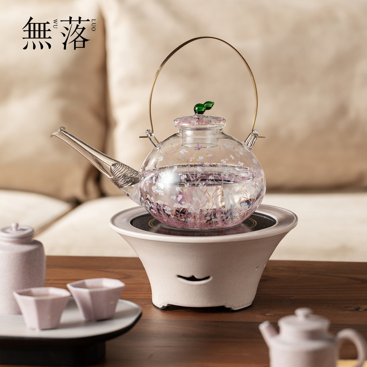 无落 高颜值粉屿浅予铜提梁壶高端桃夭粉清予电陶炉家用煮茶套装