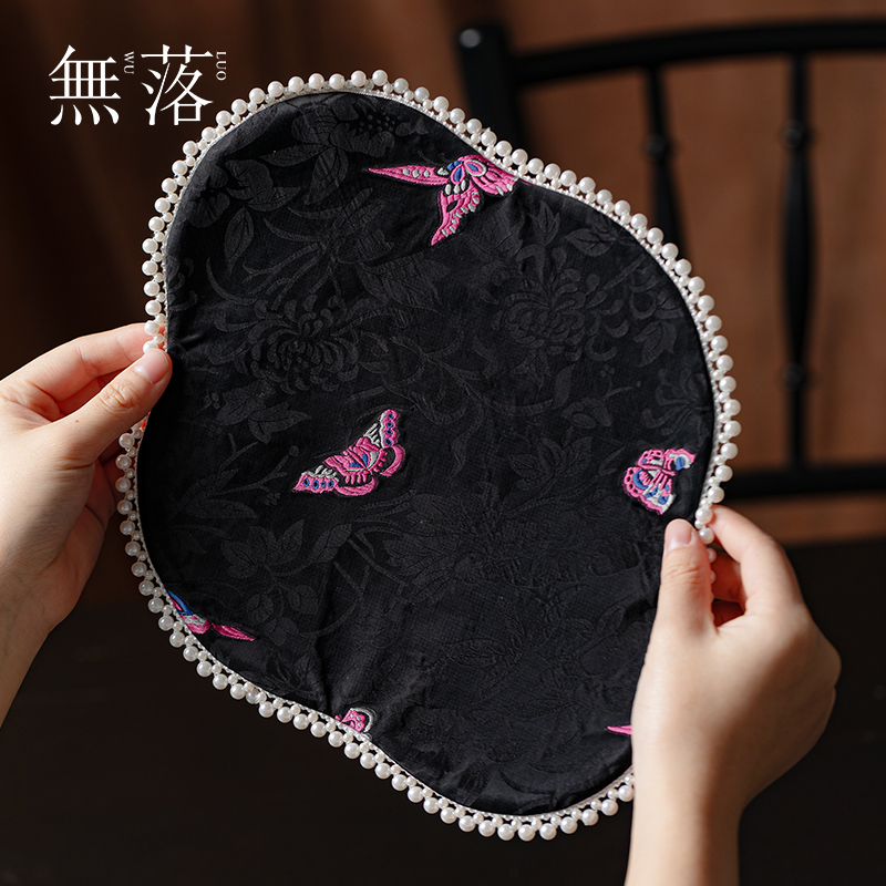 无落手工刺绣蝴蝶海棠茶席新中式创意珍珠边干泡席高颜值茶艺桌垫