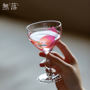 创意粉彩春桃玻璃高脚杯高颜值透明酒杯香槟杯家用红酒杯子 无落