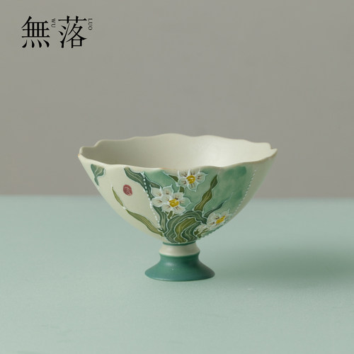 无落纯手绘水仙渡高足花口杯高档陶瓷茶杯高颜值手工品茗杯主人杯