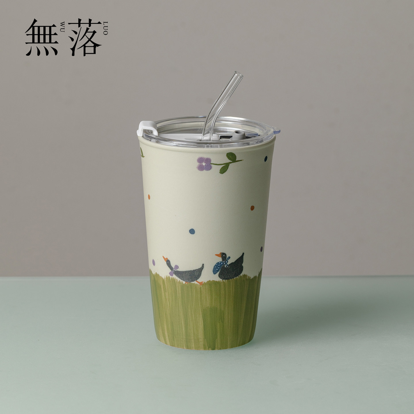 无落 手绘青芜塘边鹅语直饮杯小清新陶瓷吸管杯新中式创意随行杯图片