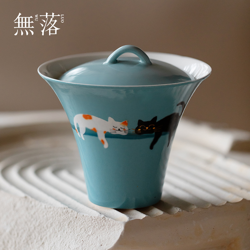 无落 创意粉引手绘喵咪薄胎盖碗景德镇手工二才泡茶碗茶具泡茶碗