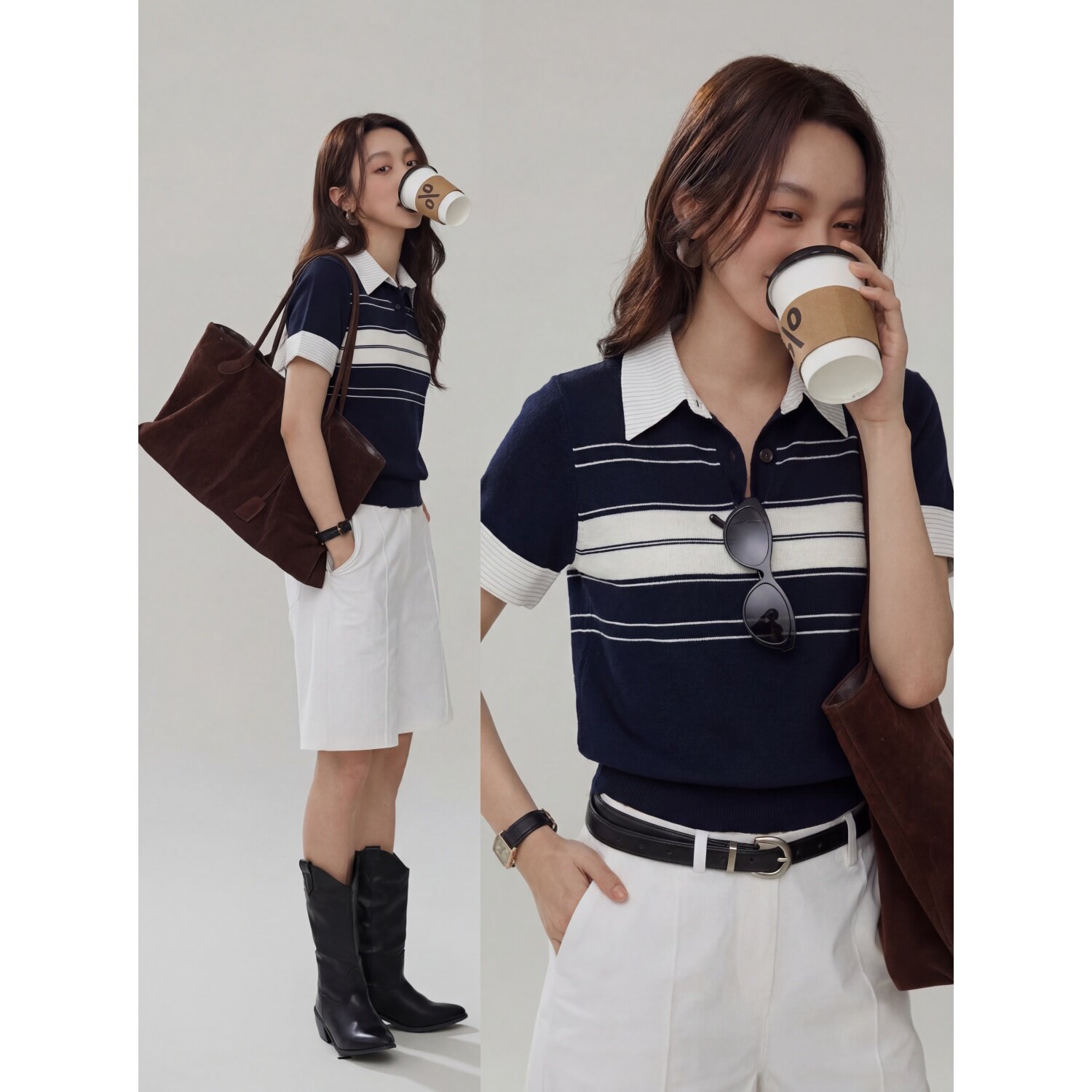 miu系复古学院风冰丝针织短袖polo衫女夏高智感显瘦亲肤条纹上衣